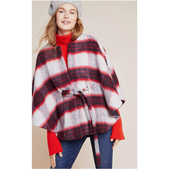 Anthropologie Andersen & Lauth Olivia Cape Women's One Size Red Black Plaid Wool - Picture 1 of 14